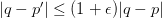 | q - p^\prime | \leq (1 + \epsilon) | q - p | | q - p^\prime | \leq (1 + \epsilon) | q - p |