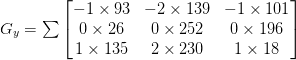 G_{y} = \sum\begin{bmatrix}-1 \times 93 & -2 \times 139 & -1 \times 101 \\  0 \times 26 & 0 \times 252 & 0 \times 196 \\  1 \times 135 & 2 \times 230 & 1 \times 18\end{bmatrix}  G_{y} = \sum\begin{bmatrix}-1 \times 93 & -2 \times 139 & -1 \times 101 \\  0 \times 26 & 0 \times 252 & 0 \times 196 \\  1 \times 135 & 2 \times 230 & 1 \times 18\end{bmatrix}