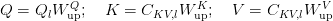Q = Q_l W^Q_{\text{up}};\quad K = C_{KV,l} W^K_{\text{up}};\quad V = C_{KV,l} W^V_{\text{up}}