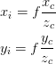 x_i = f\displaystyle\frac{x_c}{z_c}\\ \space \\ y_i = f\displaystyle\frac{y_c}{z_c}\\  x_i = f\displaystyle\frac{x_c}{z_c}\\ \space \\ y_i = f\displaystyle\frac{y_c}{z_c}\\