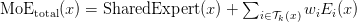 text{MoE}_text{total}(x) = text{SharedExpert}(x) + sum_{i in mathcal{T}_k(x)} w_i E_i(x)