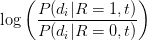 \log\left(\displaystyle\frac{P(d_i | R=1, t)}{P(d_i | R=0, t)}\right)