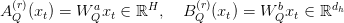 A_Q^{(r)}(x_t) = W^a_Q x_t \in \mathbb{R}^H, \quad B_Q^{(r)}(x_t) = W^b_Q x_t \in \mathbb{R}^{d_h}