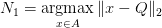 N_1 = \mathop{\text{argmax}}\limits_{x \in A} \Vert x- Q \Vert_2