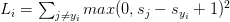L_{i} = \sum_{j \neq y_{i}} max(0, s_{j} - s_{y_{i}} + 1)^{2} L_{i} = \sum_{j \neq y_{i}} max(0, s_{j} - s_{y_{i}} + 1)^{2}