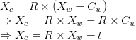 X_{c} = R\times (X_{w}-C_{w}) \\ \Rightarrow X_{c} = R \times X_w - R \times C_w \\ \Rightarrow X_{c} = R \times X_w + t  X_{c} = R\times (X_{w}-C_{w}) \\ \Rightarrow X_{c} = R \times X_w - R \times C_w \\ \Rightarrow X_{c} = R \times X_w + t