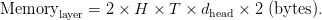 \text{Memory}_{\text{layer}} = 2 \times H \times T \times d_{\text{head}} \times 2\ (\text{bytes}).