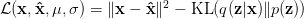 \mathcal{L}(\mathbf{x}, \mathbf{\hat{x}}, \mathbf{\mu}, \mathbf{\sigma}) = \Vert \mathbf{x} - \mathbf{\hat{x}}\Vert^2 - \text{KL}(q(\mathbf{z}|\mathbf{x}) \| p(\mathbf{z})) \mathcal{L}(\mathbf{x}, \mathbf{\hat{x}}, \mathbf{\mu}, \mathbf{\sigma}) = \Vert \mathbf{x} - \mathbf{\hat{x}}\Vert^2 - \text{KL}(q(\mathbf{z}|\mathbf{x}) \| p(\mathbf{z}))