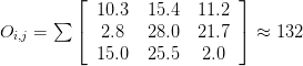O_{i,j} =\sum\left[\begin{tabular}{ccc}10.3 & 15.4 & 11.2 \\ 2.8 & 28.0 & 21.7 \\ 15.0 & 25.5 & 2.0\end{tabular}\right] \approx 132