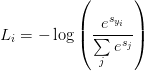 L_{i} = -\log\left(\displaystyle\frac{e^{s_{y_{i}}}}{\sum\limits_{j} e^{s_{j}}}\right)