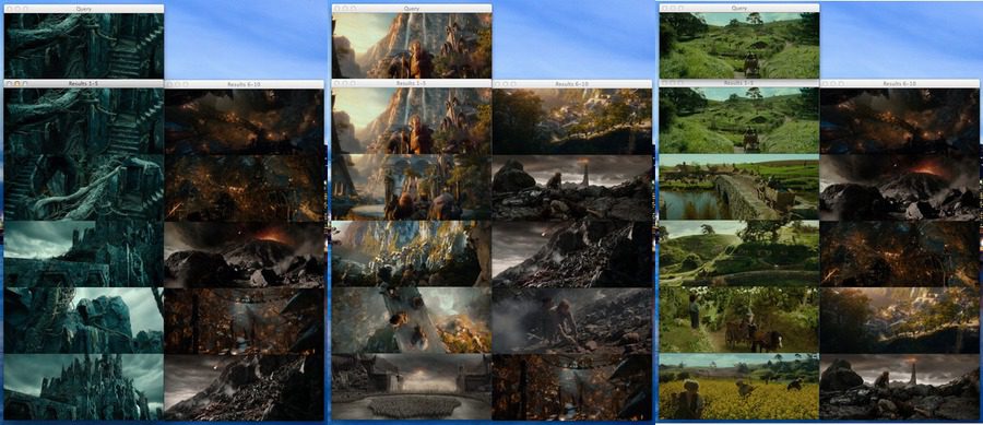 Figure 4: Using images from Dol-Guldur, Rivendell, and The Shire as queries.