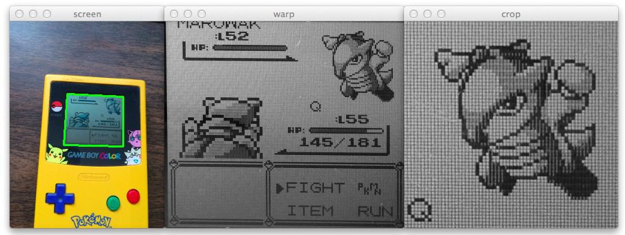 Figure 1: Performing a perspective transformation using Python and OpenCV on the Game Boy screen and cropping out the Pokemon.