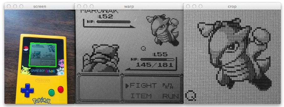 Figure 1: Performing a perspective transformation using Python and OpenCV on the Game Boy screen and cropping out the Pokemon.