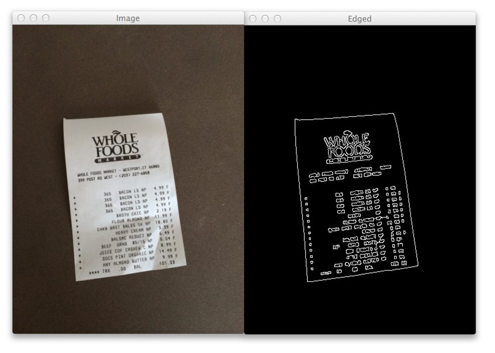 Figure 1: The first step of building a document scanning app. On the left we have the original image and on the right we have the edges detected in the image.