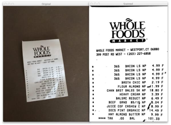 Figure 3: Applying step 3 of our document scanner, perspective transform. The original image is on the left and the scanned image on the right.
