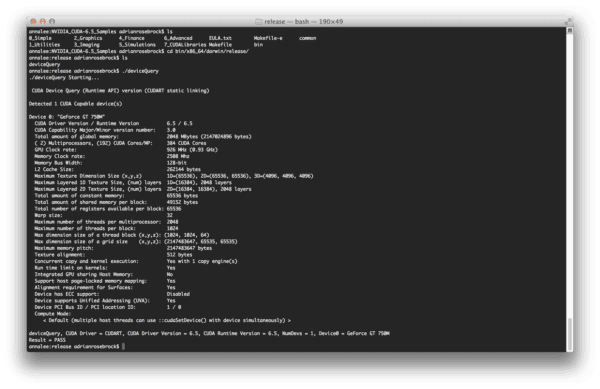 Executing deviceQuery confirms that my GPU was found