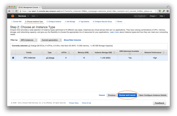 Selecting the g2.2xlarge Amazon EC2 instance