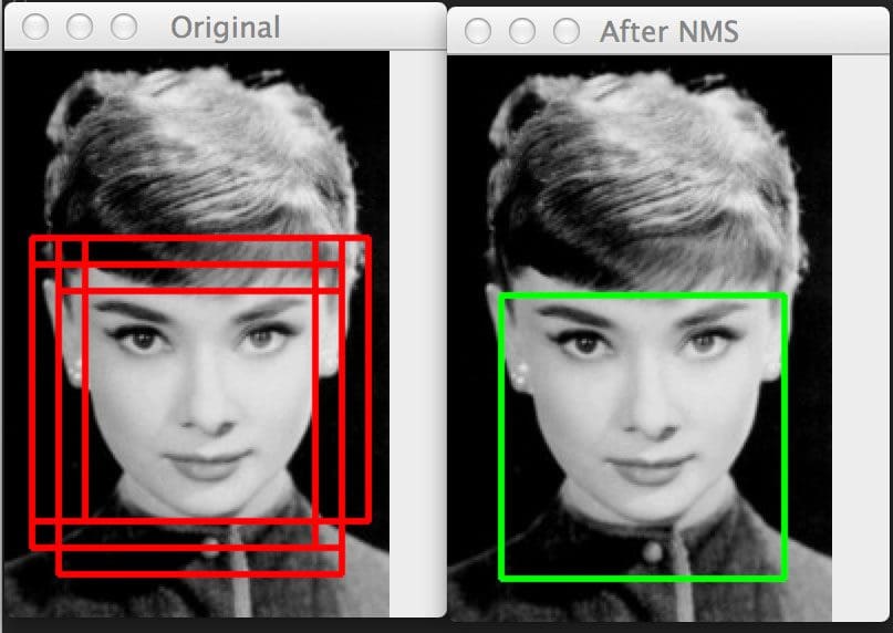 Figure 3: (Left) Detecting multiple overlapping bounding boxes around the face we want to detect. (Right) Applying non-maximum suppression to remove the redundant bounding boxes.