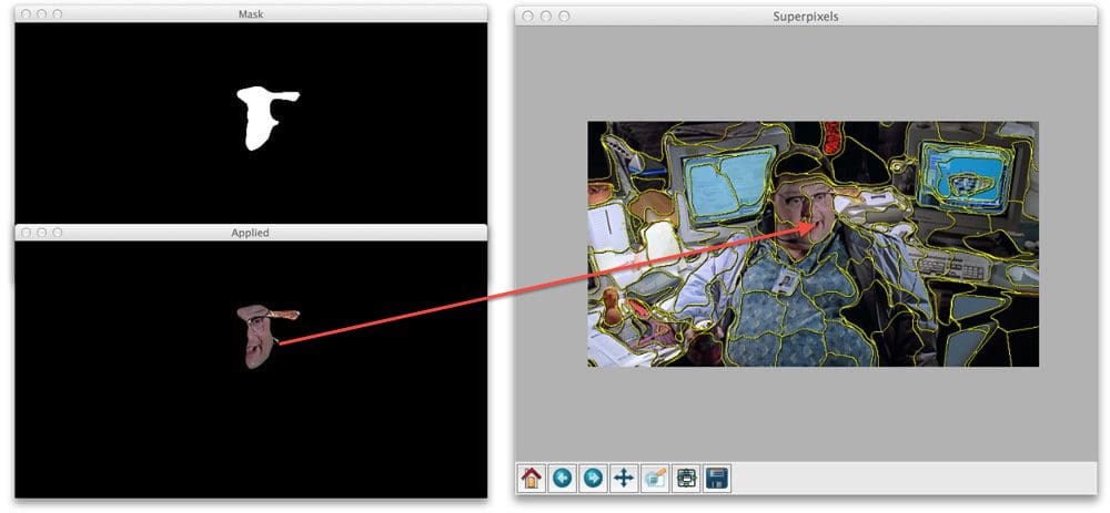 Figure 2: Exploring a "face" segment of Dennis Nedry using superpixel segmentation.