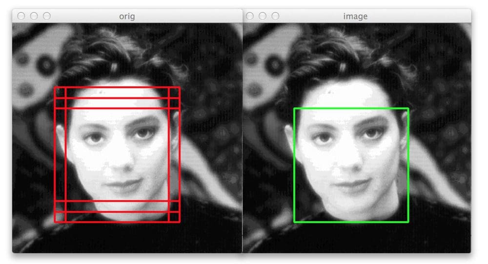 Figure 3: Six bounding boxes are detected around the face, but by applying fast non-maximum suppression we are correctly able to reduce the number of bounding boxes to one.