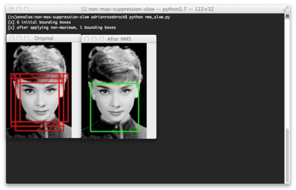 Figure 1: Our classifier initially detected six bounding boxes, but by applying non-maximum suppression, we are left with only one (the correct) bounding box.