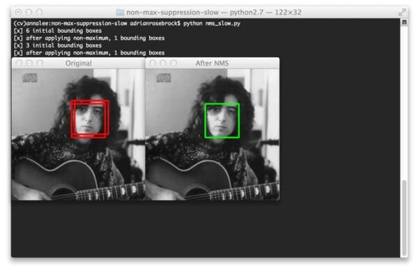 Figure 2: Initially detecting three bounding boxes, but by applying non-maximum suppression we can prune the number of overlapping bounding boxes down to one.