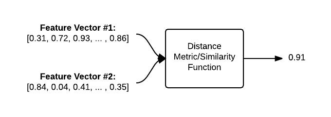 Figure 5: To compare two images, we input the respective feature vectors into a distance metric/similarity function. The output is a value used to represent and quantify how "similar" the two images are to each other..