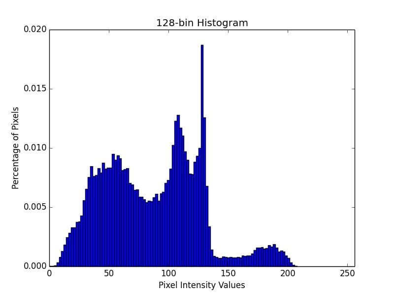 Figure 13: An example of a 128-bin histogram. Notice how there are many bins that a given pixel can be placed in.