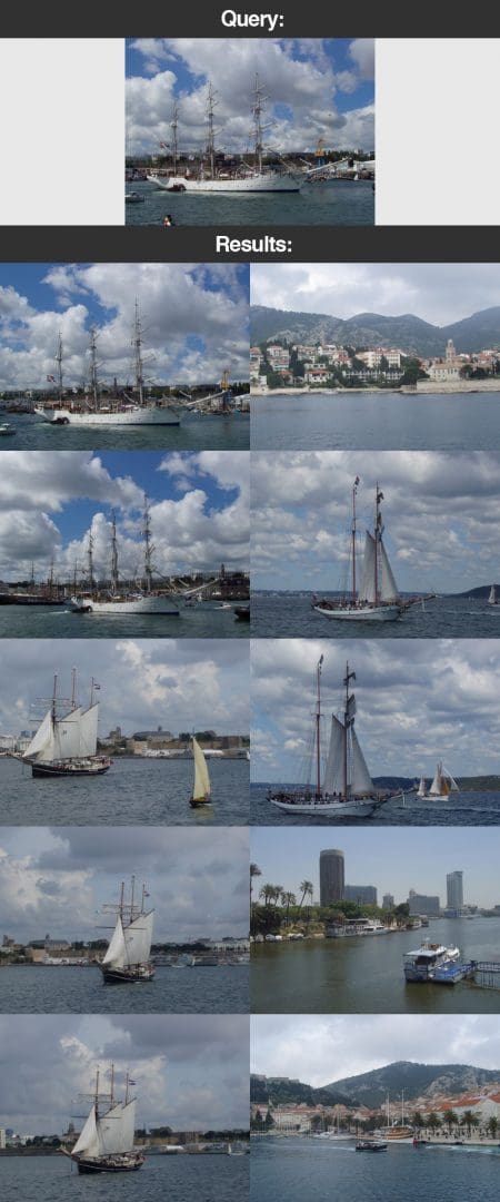 Figure 9: An example of our image search engine. We submit a query image containing boats and the sea. The results returned to us are relevant since they too contain both boats and the sea.