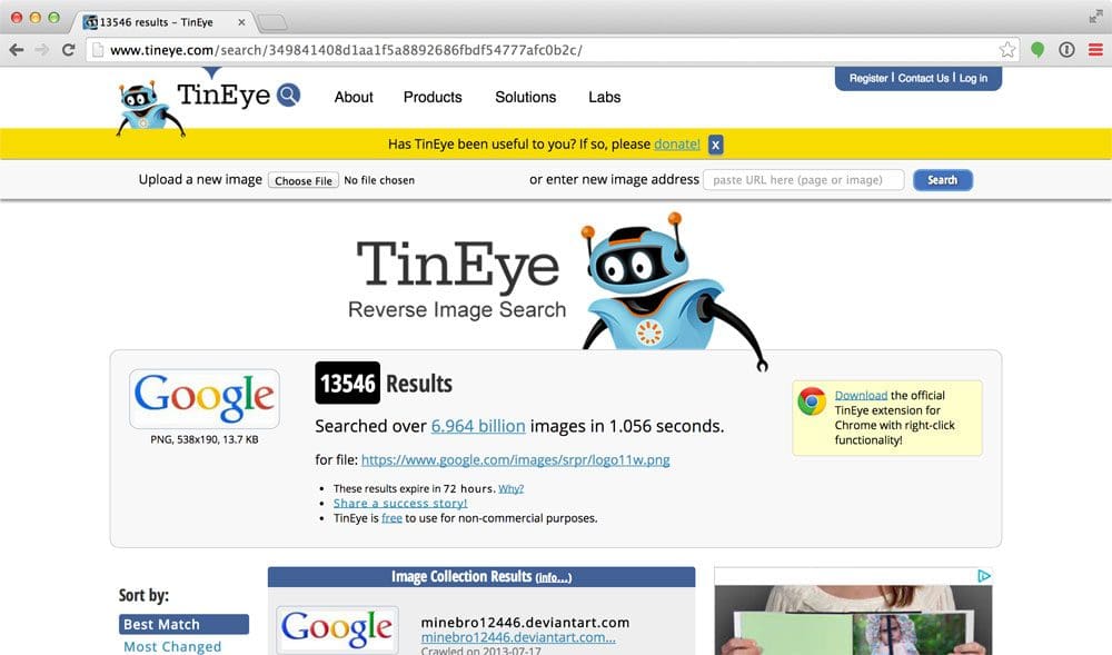 Figure 2: TinEye is an example of a "search by example" image search engine. The contents of the image itself are used to perform the search rather than text.