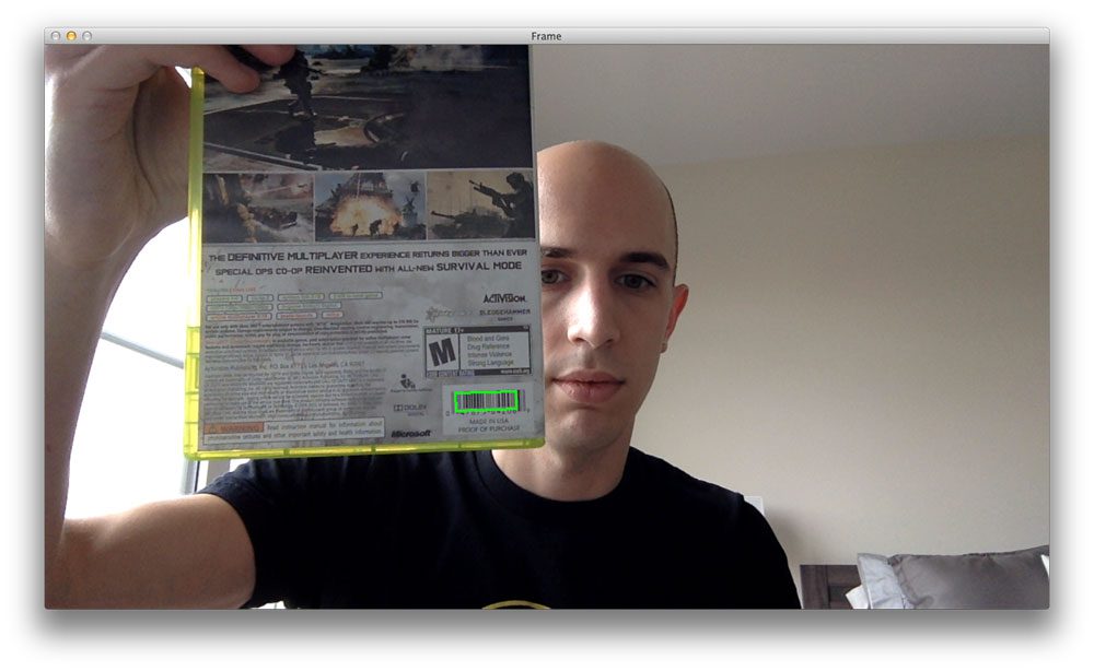 Figure 1: Detecting barcodes in video streams using Python and OpenCV.