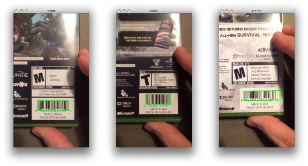 Figure 2: Successfully detecting the barcode of three XBox video games in a video stream.