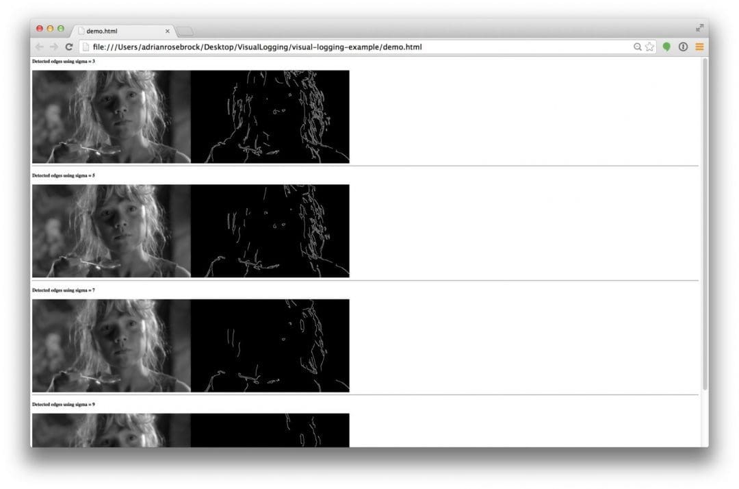 Figure 1: Example of using visual-logger to log and debug OpenCV + Python computer vision pipelines.