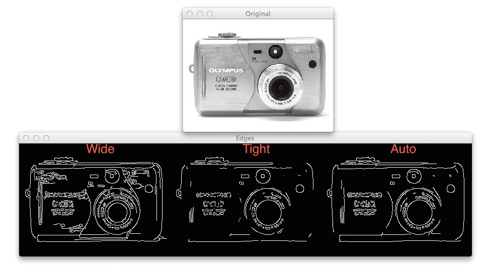 Figure 2: Applying automatic Canny edge detection to a picture of a camera. Left: Wide Canny edge threshold. Center: Tight Canny edge threshold. Right: Automatic Canny edge threshold.