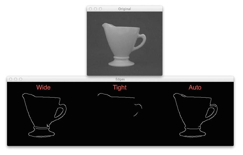 Figure 3: Applying automatic Canny edge detection to a picture of a cup. Left: Wide Canny edge threshold. Center: Tight Canny edge threshold. Right: Automatic Canny edge threshold.