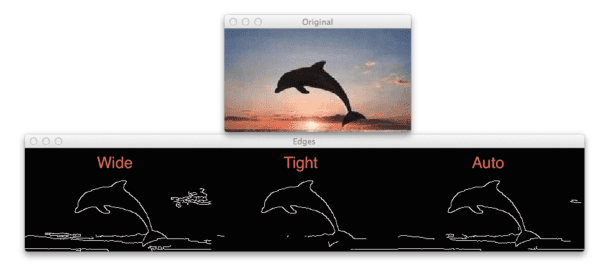 Figure 1: Applying automatic Canny edge detection. Left: Wide Canny edge threshold. Center: Tight Canny edge threshold. Right: Automatic Canny edge threshold.