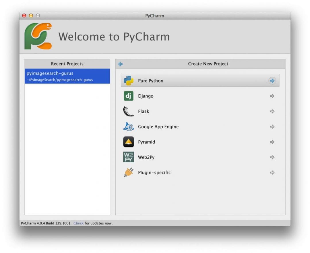 Creating a new Pure Python project in PyCharm.