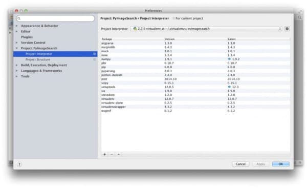 Figure 5: Updating the virtual environment for a project already created with PyCharm.