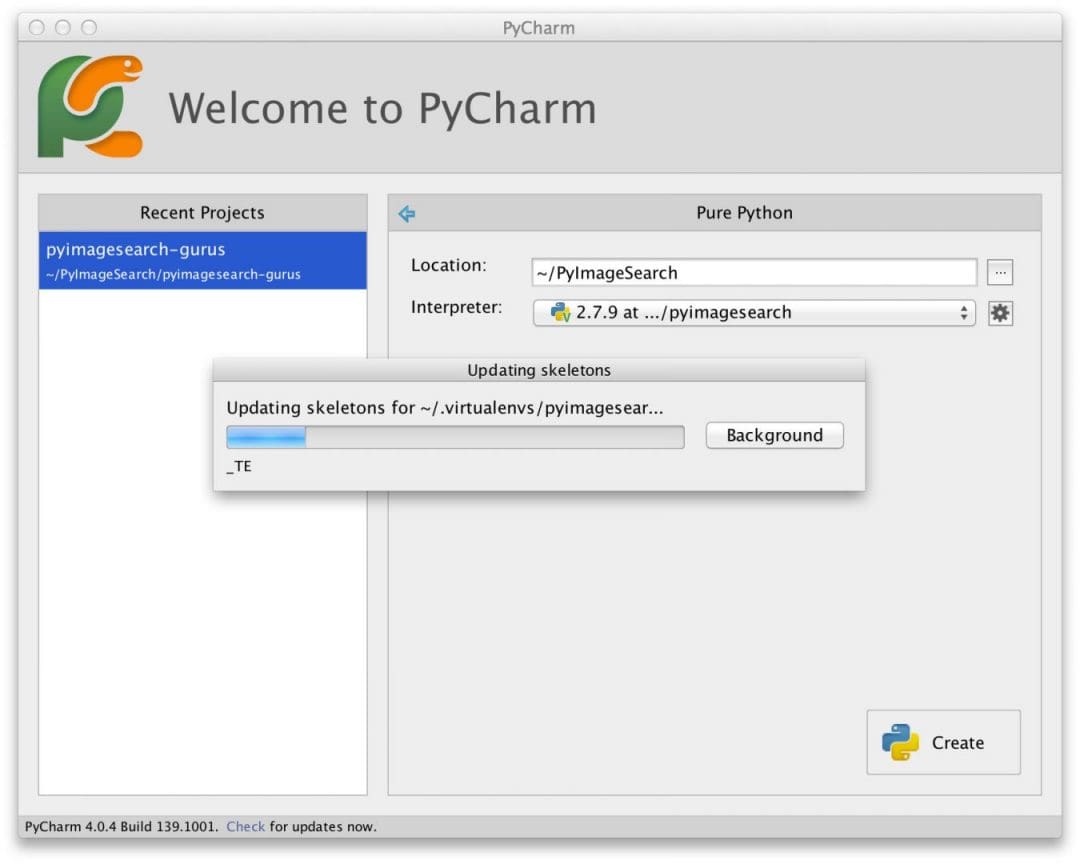 Figure 4: PyCharm updating the project skeletons for our computer vision virtual environment.