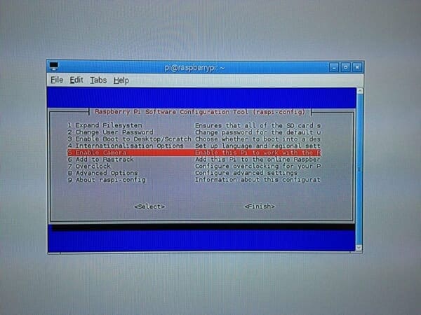 Figure 2: Enabling the Raspberry Pi camera module using the raspi-config command.
