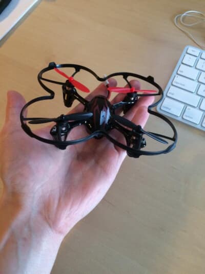 Figure 1: My Hubsan X4 quadcopter. It's tiny (fits in the palm of my hand), inexpensive (only $45), great for learning to fly, and comes with a built-in camera.