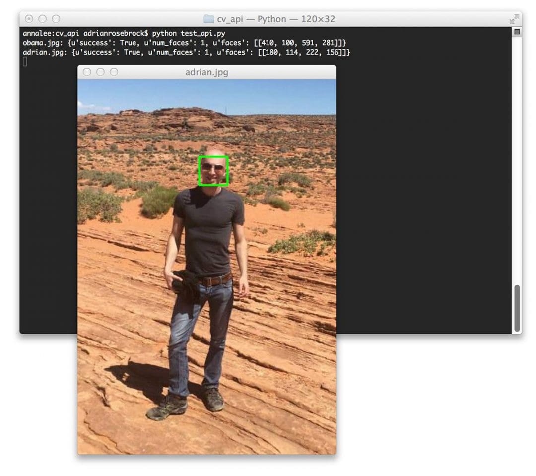 Figure 5: Uploading an image from disk to our face detection API -- once again, we are able to detect the face and draw the bounding box surrounding it.