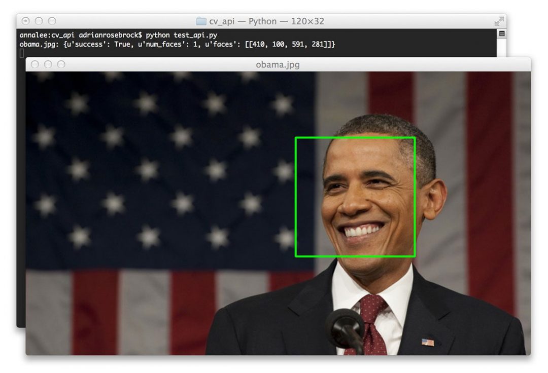 Figure 4: Taking the JSON response from our face detection API and drawing the bounding box around Obama's face.