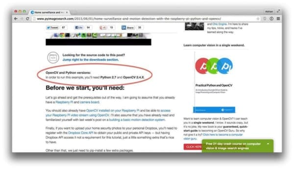 Figure 1: All blog posts on PyImageSearch will include a section that explicitly defines which Python and OpenCV versions are being used.