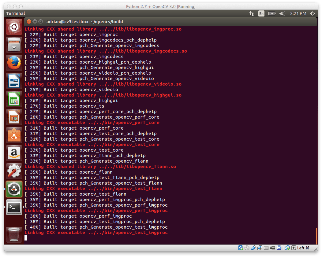 Figure 1: OpenCV 3.0 with Python 2.7+ support compiling on my Ubuntu 14.04 system.