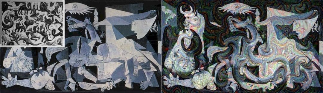 Figure X: Pablo Picasso's  Guernica guided with MC Escher's Sky and Water I.