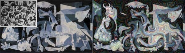 Figure X: Pablo Picasso's Guernica guided with MC Escher's Sky and Water I.