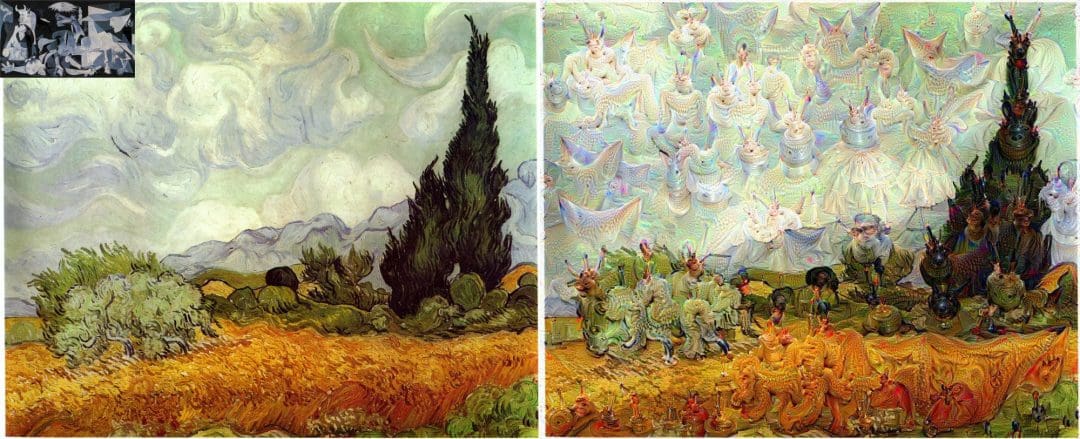 Figure 5: Vincent van Gogh's Wheat Field with Cypresses guided using Picasso's Guernica.