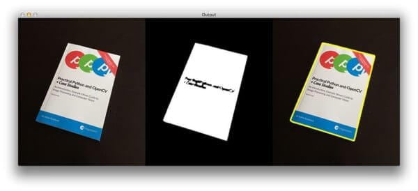 Figure 2: Our original input image (left), the thresholded, binary representation of the image (center), and the contour drawn surrounding the book (right).