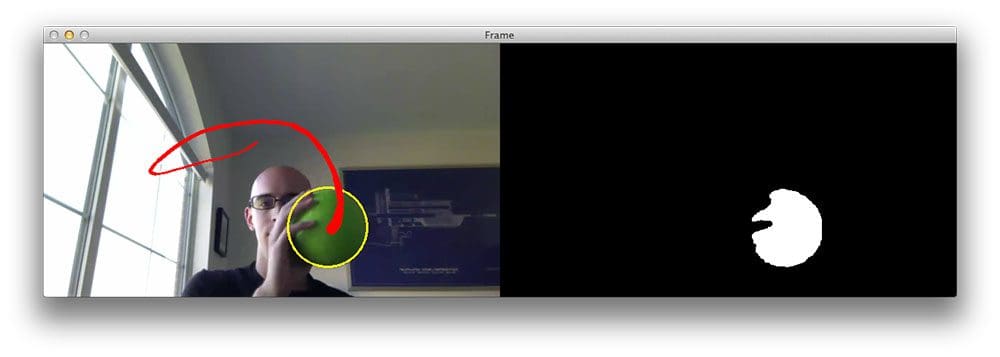 Figure 1: Generating a mask for the green ball, allowing us to segment the ball from the other contents of the image.